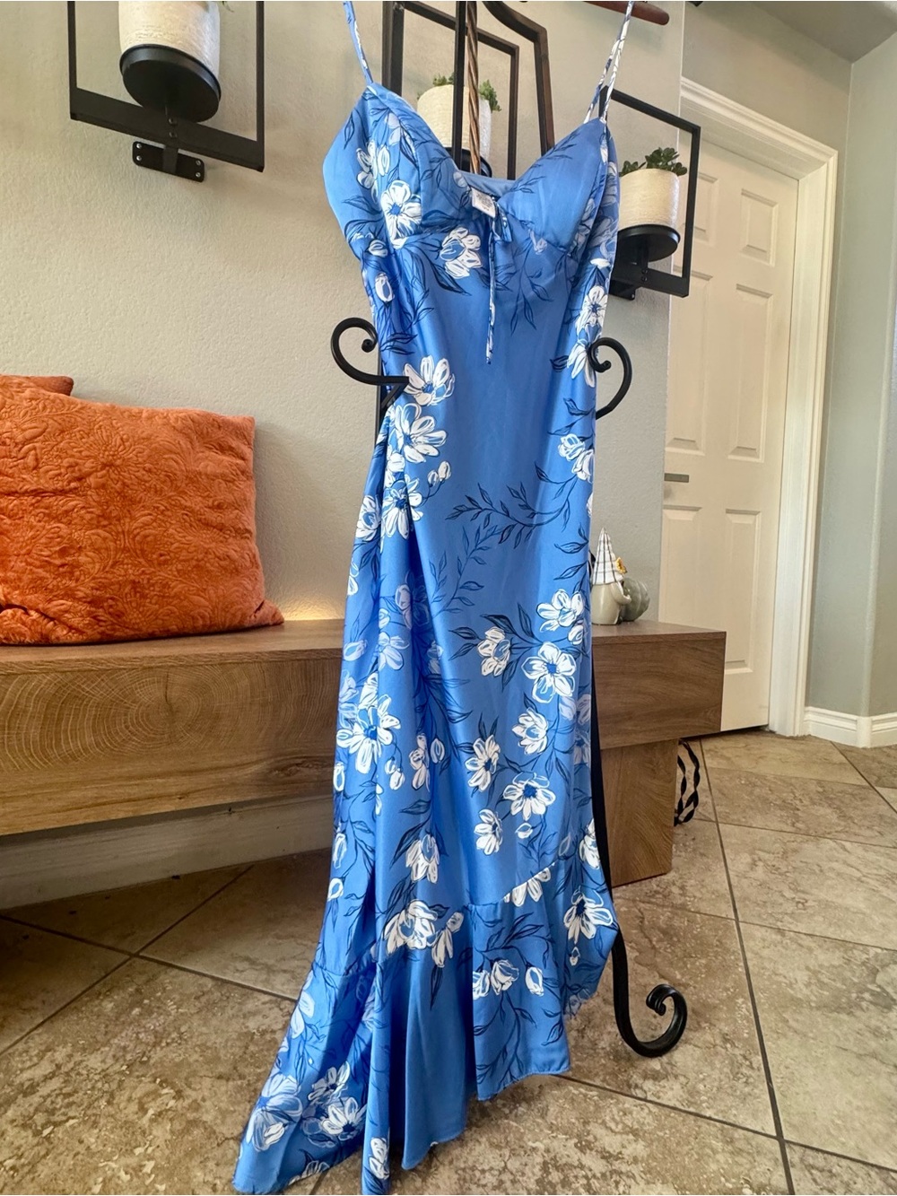 B Darlin Blue Floral Maxi Slip Dress with White Blossoms -NEVER WORN